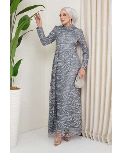 Olcay Hijab-abendkleid aus tüll mit stein- und pailletten-erbsenmuster, - Grau
