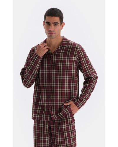 Dagi Kariertes, gewebtes hemd-pyjama-oberteil - Rot