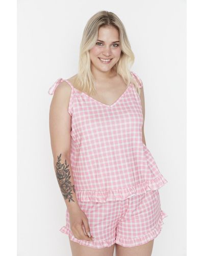 Trendyol Bedrucktes strick-pyjama-set mit riemchen in übergröße - Pink