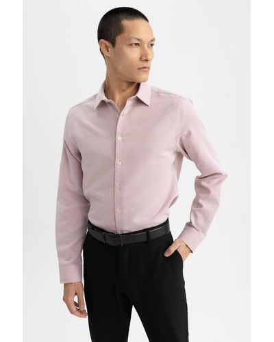 Defacto Slim-fit-hemd aus strukturierter baumwolle mit langen ärmeln - Pink