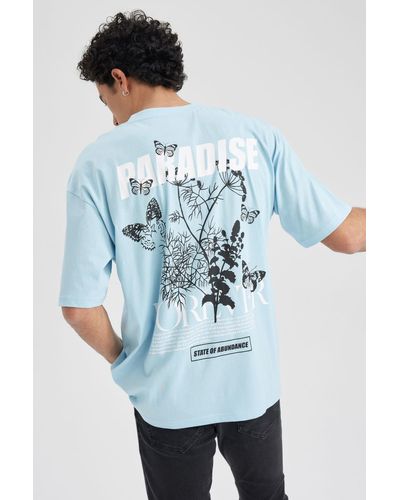 Defacto Oversize-fit-t-shirt mit rundhalsausschnitt und aufdruck auf der rückseite, kurzärmlig, 100 % baumwolle, a3139ax23sm - Blau