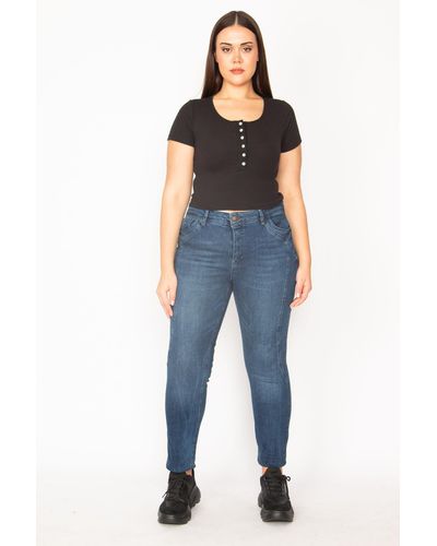 Şans Şans jeans mit 5 taschen, große größe, marineblau mit seitennaht und detailliertem wascheffekt, 65n29559