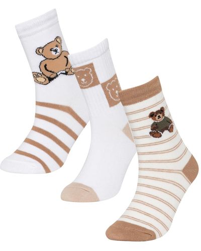 Defacto 3-teiliges set mit langen baumwollsocken mit bärenmuster für mädchen c9472a8ns - Weiß