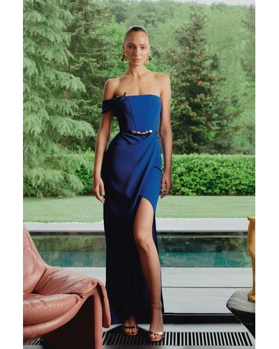 Trendyol Zeynep tosun design saks wrap langes gestricktes abend- und abschlusskleid - Blau