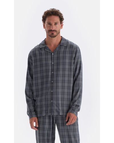 Dagi Geräuchertes, kariertes, gewebtes hemd-pyjama-oberteil - Grau