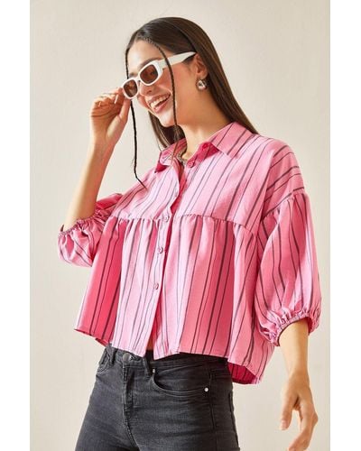 XHAN Fuchsia gestreiftes crop-shirt mit ballonärmeln -07 - Pink