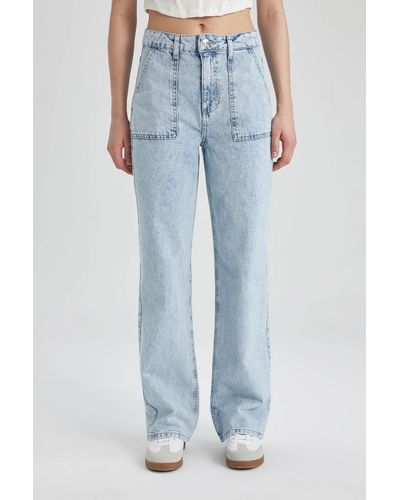 Defacto Weites bein cargo high waist lange jeans waschbare hose b8249ax24sp - Blau