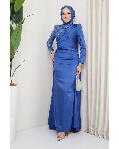 Olcay Abendkleid aus paillettentüll und satin mit volantsdetail auf der vorderseite indi̇go - Blau