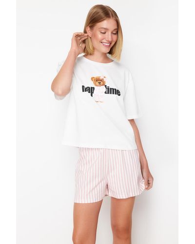 Trendyol Pyjama-set aus gestreiftem strick, 100 % baumwolle, , - Weiß