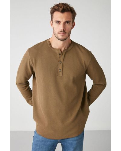 Grimelange Patrick langarm--t-shirt mit strickkragen und waffelmuster, speziell strukturiert, aus dickem stoff - Braun