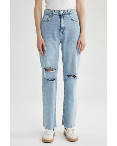 Defacto 90er-jahre-jeans mit weitem bein, zerrissen und detailliert, aus 100 % baumwolle - Blau