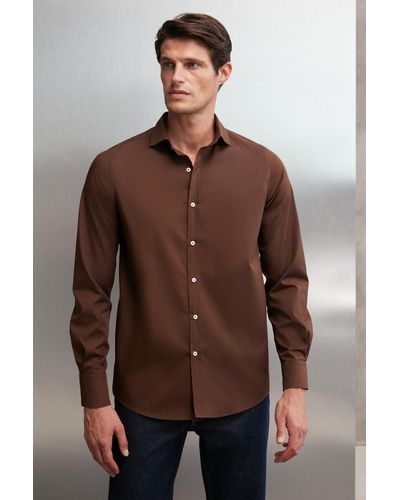 Grimelange Carlsten hemd, schmale passform, italienischer kragen, 100 % baumwollpopeline, bitter - Braun