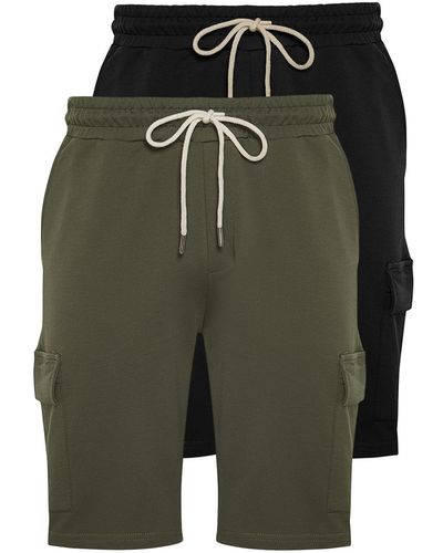 Trendyol Basic schwarz-khaki 2er-pack regular/normal geschnittene shorts mit cargo-tasche und kordelzug am gummibund - Grün