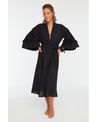 Trendyol Er maxi-kimono und kaftan aus 100 % baumwolle mit gürtel und quasten - Schwarz