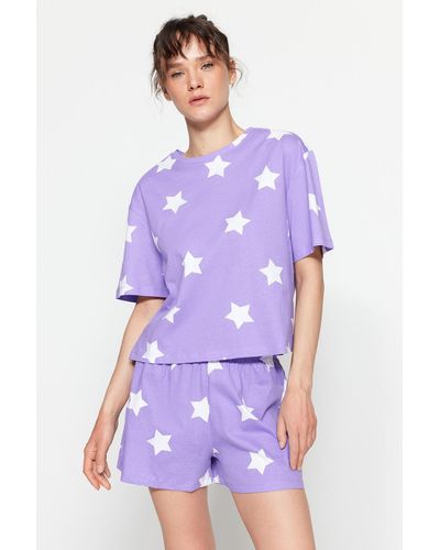 Trendyol Fliederfarbenes strickpyjama-set mit t-shirt und shorts aus 100 % baumwolle mit sternmuster - Lila
