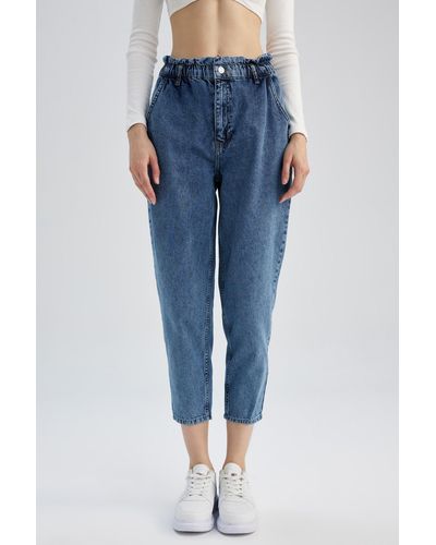 Defacto Knöchellange paperbag-jeans mit kurzem bein aus 100 % baumwolle - Blau