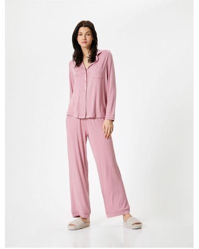 Koton Geknöpftes pyjama-set mit langen ärmeln, tasche und geradem bein - Pink