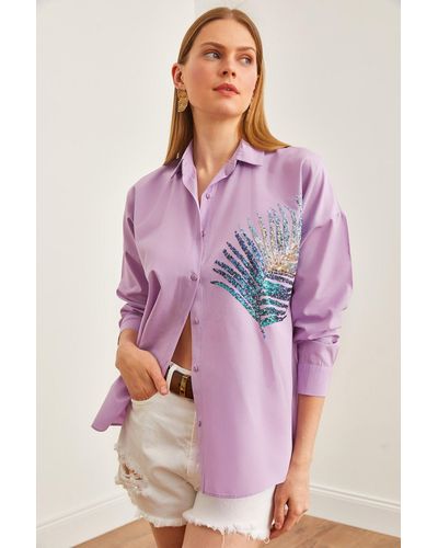 Olalook Farbenes oversize-popeline-hemd – palmen-pailletten-detail, - Lila