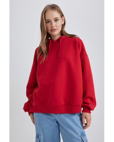 Defacto Cooles, locker sitzendes, dickes kapuzen-sweatshirt - Rot