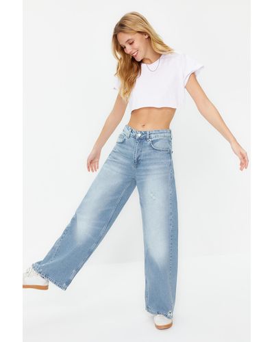 Trendyol E jeans mit normaler taille und extra weitem bein und detaillierten nähten - Blau