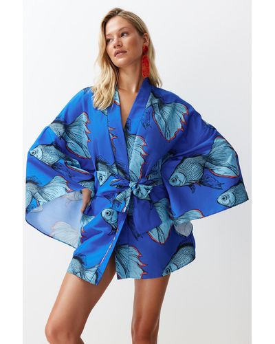 Trendyol Unter wasser gemusterter, gewebter mini-kimono und kaftan mit gürtel - Blau