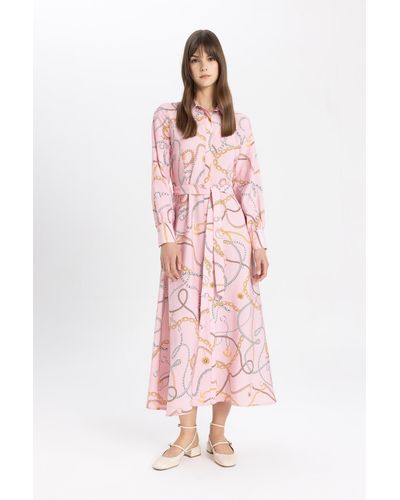 Defacto Langärmliges kleid mit hemdkragen-print - Pink