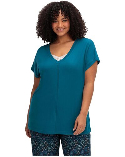 Sheego Große größen shirt mit v-ausschnitt und zierpaspel vorn - Blau