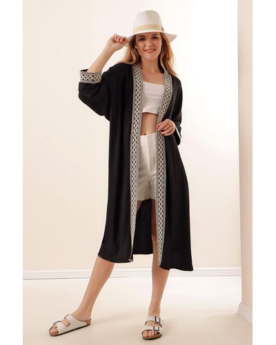 Bigdart 05865 langer kimono aus besticktem strick – - Schwarz