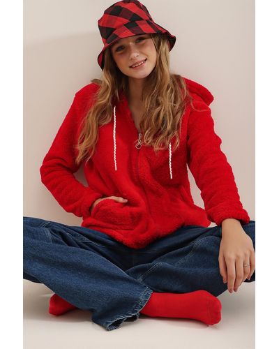 Trend Alaçatı Stili Es sweatshirt aus plüsch mit kapuze, frontreißverschluss, zwei taschen, übergröße, - Rot