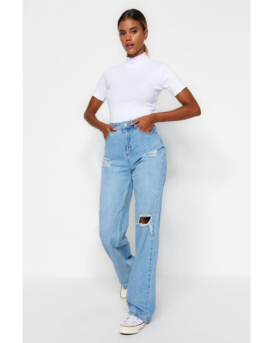 Trendyol Hellblaue zerrissene jeans mit hoher taille und weitem bein