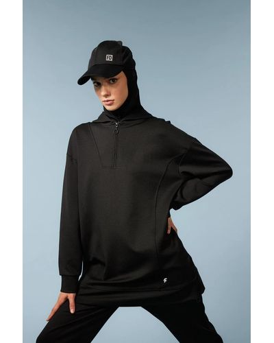 Defacto Lang geschnittenes sportler-sweatshirt aus skuba diving-stoff mit kapuze - Schwarz