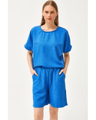 Olalook Saks blaues top lockere bluse shorts mit untertasche leineninhalt set