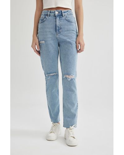 Defacto Mary vintage straight fit jeanshose mit zerrissenen details, hoher taille und bündchen in knöchellänge - Blau