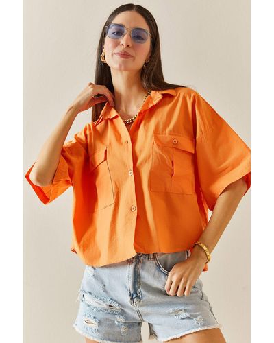 XHAN Farbenes hemd mit fakirärmeln und doppelter tasche -11 - Orange