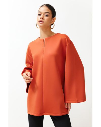 Trendyol Kachelförmiger frontreißverschluss, detailliertes, stilvolles taucher-/scuba-strick-sweatshirt - Orange