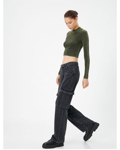 Koton Cargo-straight-jeans, gerades bein, normale taille, tasche, baumwolle – nora jeans - Schwarz