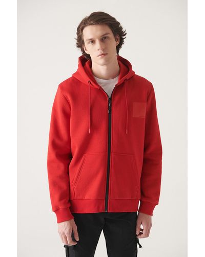 AVVA Es sweatshirt mit kapuze, 3-fädiger fleece-innenseite, bedrucktem reißverschluss, normaler passform - Rot
