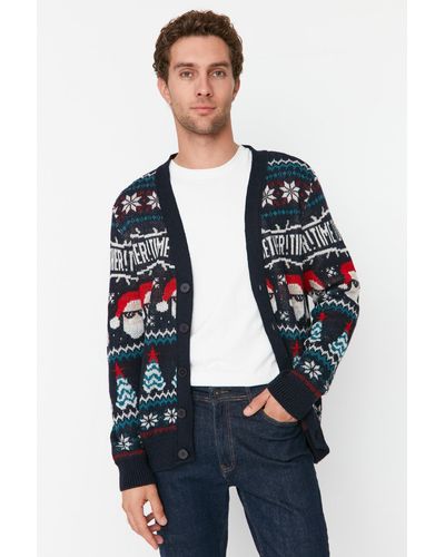 Trendyol Er weihnachtsstrick-cardigan mit normaler passform, v-ausschnitt und weihnachtsmann - Blau