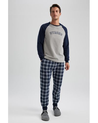 Defacto Langärmliges fleece-pyjama-set mit normaler passform - Blau