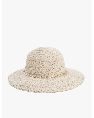 Koton Hut mit langer krempe und gestricktem band, bestickt, detailliert - Weiß