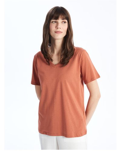 LC Waikiki Einfarbiges, kurzärmliges t-shirt mit v-ausschnitt - Orange