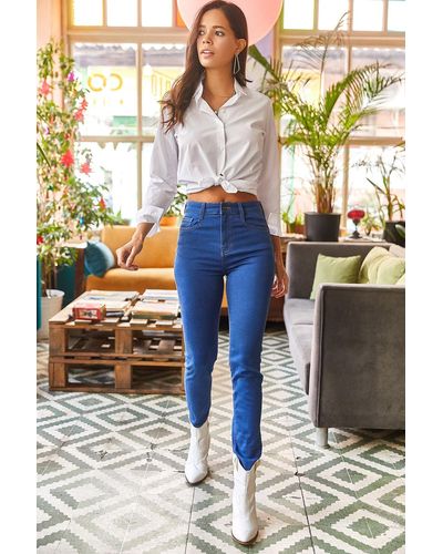 Olalook Dunkele lycra-skinny-jeans mit hoher taille und taschen - Blau