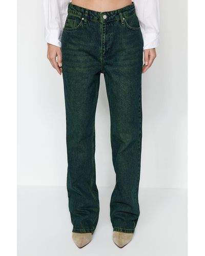 Trendyol E vintage-jeans mit niedriger taille und weitem bein in blassem effekt - Grün