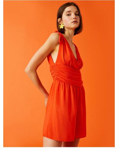 Koton Shorts-overall, ärmellos, v-ausschnitt, taille, detailliert, leinenmischung - Orange