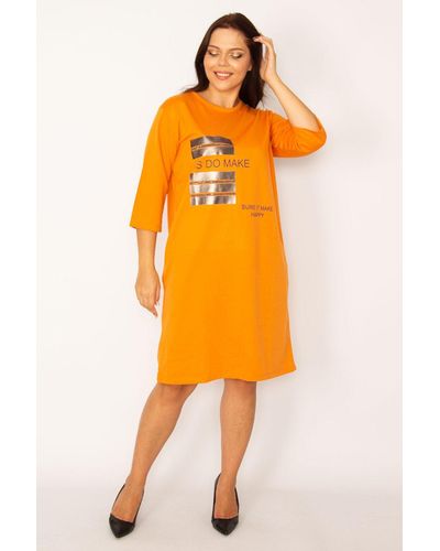 Şans Şans farbenes, mit juwelen und lackdetails besetztes kleid in übergröße 65n32002 - Orange