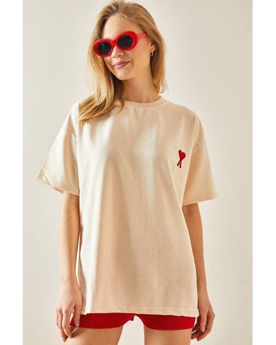 XHAN S geripptes oversize-t-shirt mit rundhalsausschnitt -25 - Natur