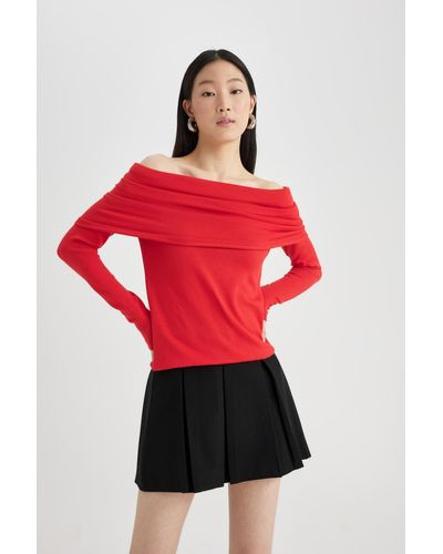 Defacto Taillierter pullover mit offenen schultern - Rot