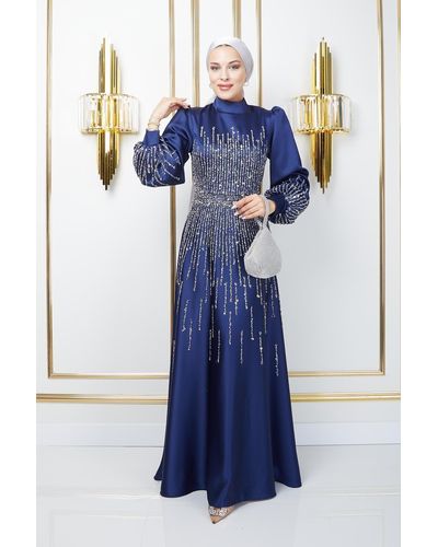 Olcay Satin hijab abendkleid steindetails, halsbemalung, - Blau