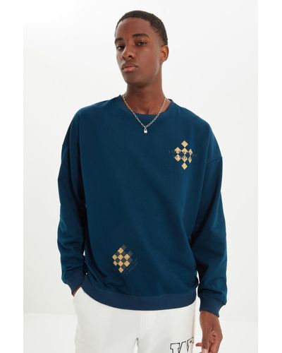 Trendyol Indigofarbenes, übergroßes/weit geschnittenes baumwoll-sweatshirt mit rundhalsausschnitt - Blau