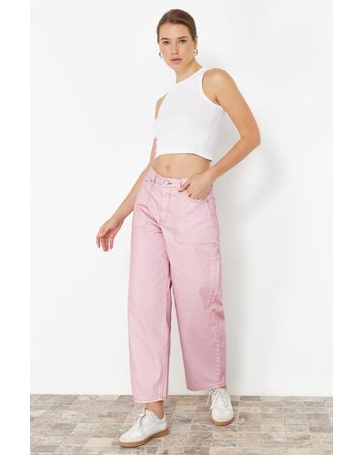 Trendyol Gestreifte barrel-jeans mit hoher taille - Pink